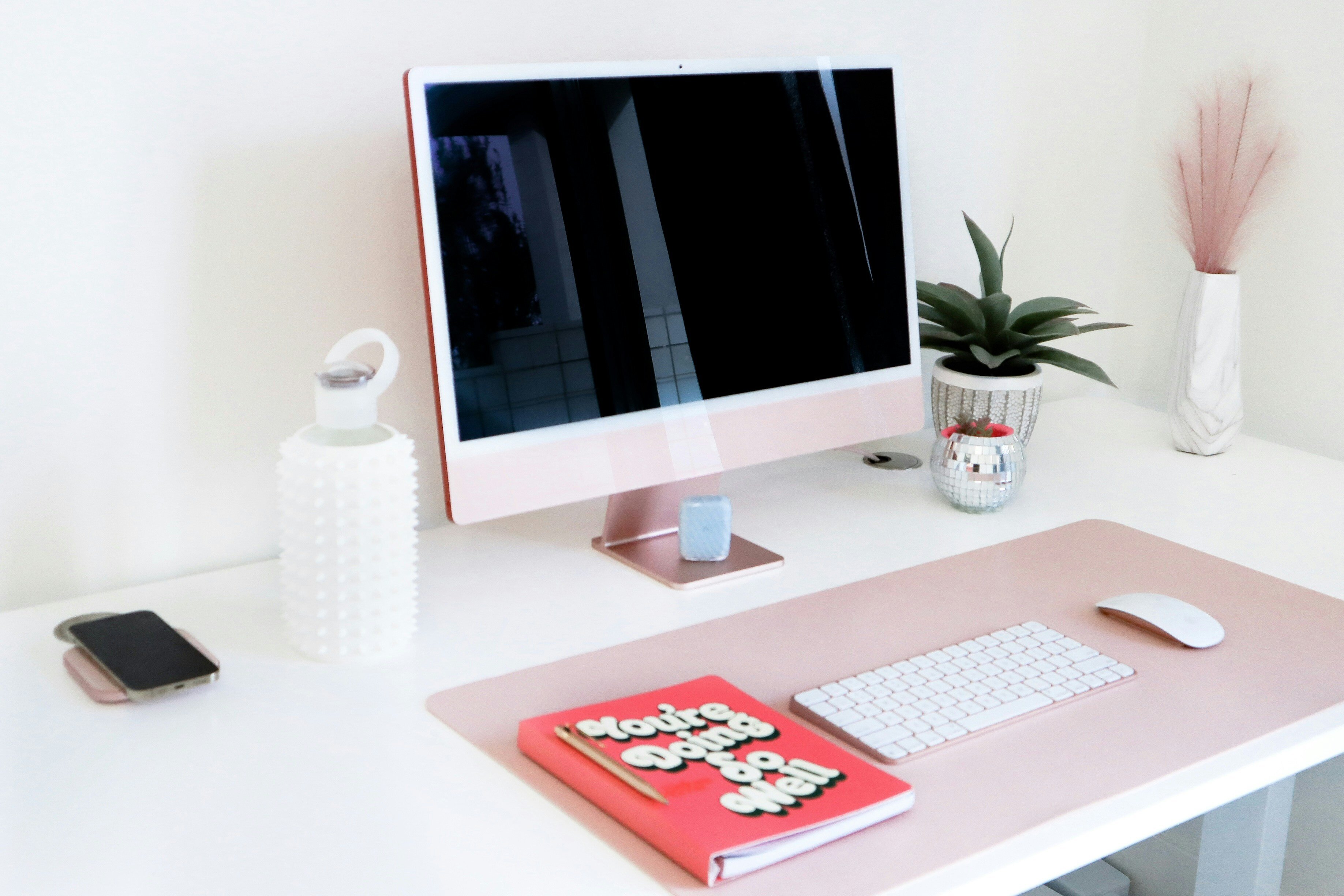 Pink mac computer on desk with water bottle, plant, and journal 